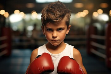 Little boy punching boxing in gym. - obrazy, fototapety, plakaty