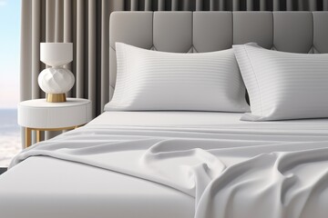 The white bedding set is on top of a bed and table.