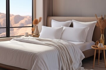 The white bedding set is on top of a bed and table.