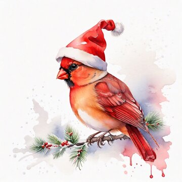 Watercolor illustration, christmas concept, happy New year,christmas red cardinal bird with Santa Claus hat jpg.