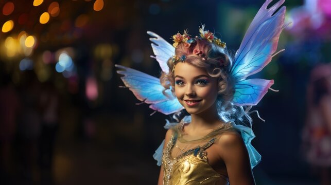 girl dressed up as a fairy, carnival costume, face paint smiling