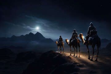 Christmas nativity story. Three wise man on camels against star of Bethlehem in night background....