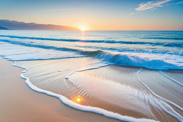 A beach with waves hitting the sun. Generative AI