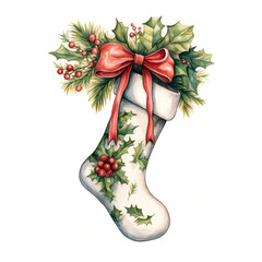 Watercolor, vintage christmas illustration.  Christmas sock
