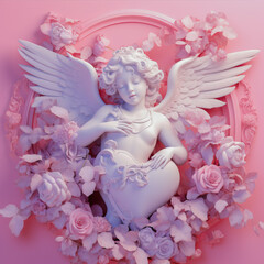 3D illustration for Valentine's Day. Cupid surrounded by flowers.