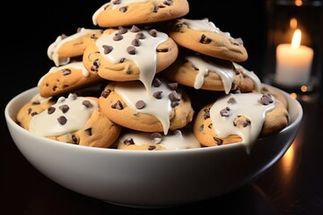 A very small bowl of cookies and a cup of cream in it.