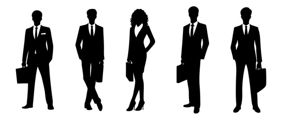 Confident Corporate Team Silhouettes Ready for Business with Briefcases Businessman and woman standing with bag silhouette black filled vector Illustration icon