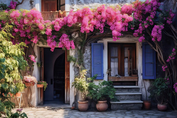 Fototapeta na wymiar Italian courtyard. A tree with flowers curls around the door 