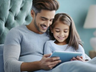 Fototapeta premium Father and daughter looking at tablet in bedroom; concept of relaxation and technology