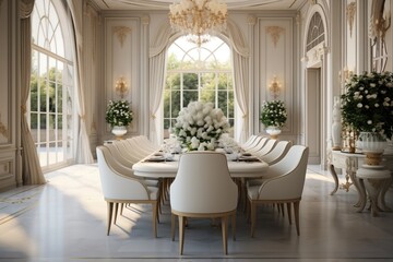 The dining room has an elegant chandelier with white chairs and the style of luxurious drapery.