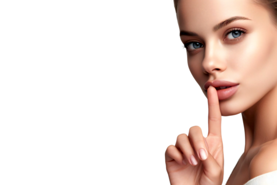 Closeup of a beautiful young girl gesture index finger pressed to her lips isolated on white, transparent background. Copy space. 