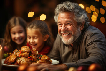 Grandfather with gray hair and beard enjoying a family meal with his granddaughters with bokeh lights in background. Family vacations concept. AI generated.