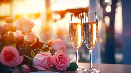 Rose and two champagne glasses - obrazy, fototapety, plakaty
