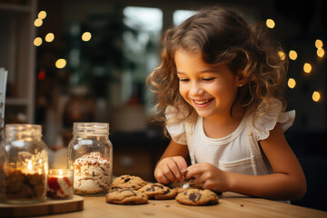 Naklejka premium Smiling little girl in white dress looks at freshly baked cookies on a Sunday morning with bokeh lights in background. Ai generated.