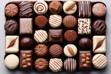 Many chocolates arranged on a table, Top view.