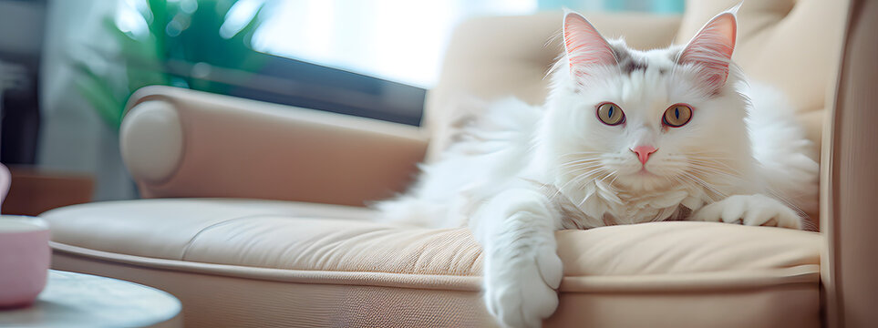 A cat with a calm attitude lying on the sofa at home