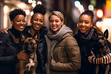 black friends smiling with a dog, quality photography, image sharp/in-focus image, shot with a...