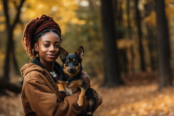 black woman smiling with a dog, quality photography, image sharp/in-focus image, shot with a canon eos 5d mark iv dslr camera, with an ef 80mm f/25 stm lens, iso 50, shutter speed of 1/8000 second - obrazy, fototapety, plakaty