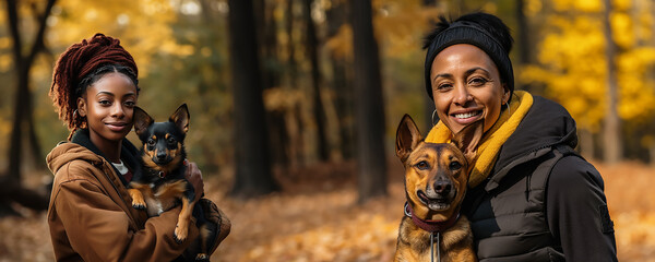black couple smiling with a dog, quality photography, image sharp/in-focus image, shot with a canon eos 5d mark iv dslr camera, with an ef 80mm f/25 stm lens, iso 50, shutter speed of 1/8000 second - obrazy, fototapety, plakaty