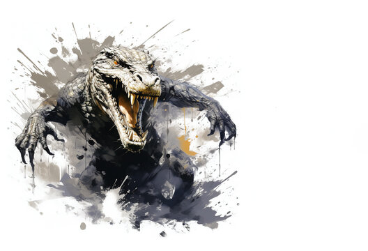 Image of painting demon crocodile is angry on a white background., Amphibian., Wildlife Animals.