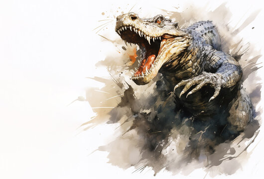 Image of painting demon crocodile is angry on a white background., Amphibian., Wildlife Animals.