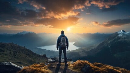A hiker standing alone on top of a mountain at dusk, Way of life travel alone, Enjoying his adventure.