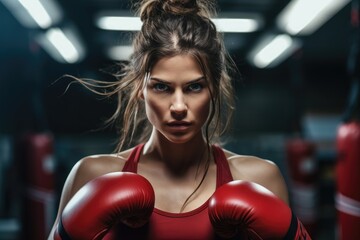 A woman intense boxing training at her home gym.