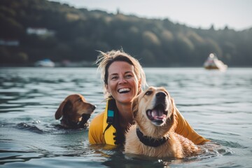 Happy woman swimming with her golden retriever dog in the lake. - obrazy, fototapety, plakaty