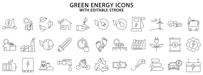Green energy icons. Green energy icon set. Green energy line icons. Vector illustration. Editable stroke.