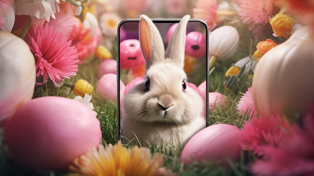 easter bunny and eggs with smartphone 