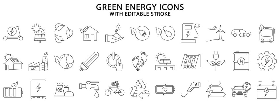 Green energy icons. Green energy icon set. Green energy line icons. Vector illustration. Editable stroke.