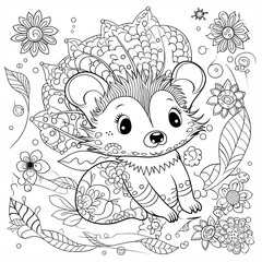 Cute mouse on the nature background coloring page for kids. Animal coloring page 