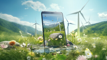 ecology concept illustration with mobile phone  - obrazy, fototapety, plakaty