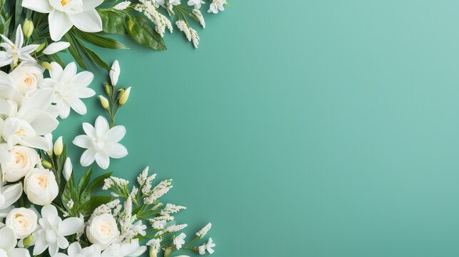 Frame with blossoms on green foundation