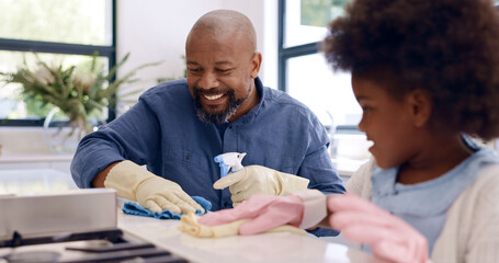 Father, daughter and cleaning with gloves in kitchen for bonding, happiness and teaching in home or...