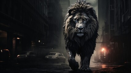 Vintage Urban Roar: 1940s Style Black and White Portrait of a Lion in the Street