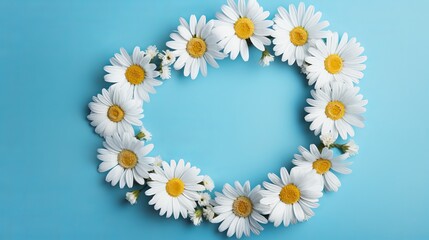 A wreath of daisies is shown on a blue foundation
