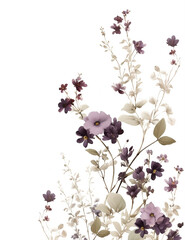 Illustration of branches purple wild flowers on the white background. Bouquet in pastel purple colors