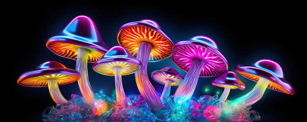Multicolored hallucinogenic mushrooms on black background - obrazy, fototapety, plakaty
