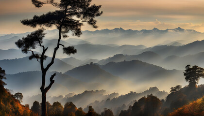 Panoramic landscape of great Himalayas mountain and tree range during an autumn morning.