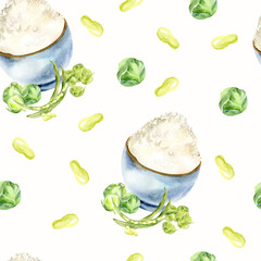 Watercolor seamless food pattern. Hand drawn background with rice bow and green vegetables ,beans, spinach leaves and cabbage for kitchen textile, packing, plate , menu, cafe design