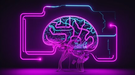 Brain with microchip circuitry glowing with pink neon lights on a dark background from Generative AI
