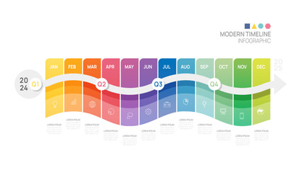 Business step timeline infographic arrow template. Modern milestone element timeline diagram calendar and 4 quarter topics, vector infographics. - obrazy, fototapety, plakaty