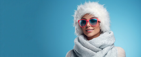 Portrait of young happy woman with a winter hat and sunglasess. Isolated on blue background.