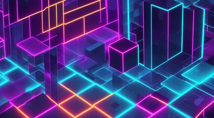 Virtual cyber space background made of colorful neon square geometric grid lines from Generative AI