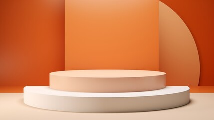 Fototapeta na wymiar Cream, beige, and orange cylinder pedestal podium with a realistic set of steps in an abstract three-dimensional interior. 