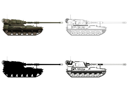 AHS Krab SET. Self-propelled artillery. Army weapons. Military armored vehicle. Detailed colorful PNG illustration.