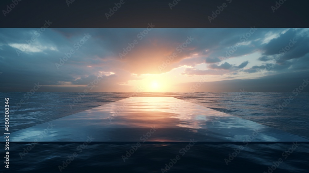 Wall mural design template with a section submerged and a split waterline separating the sunset skylight