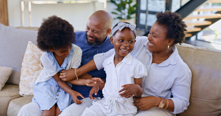Happy black family, relax and playing on sofa in living room for bonding, holiday or weekend...