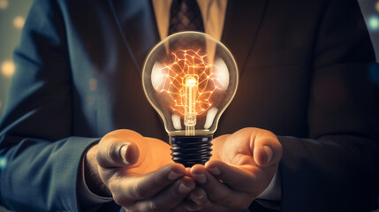 Light bulb with brain inside the hands of the business